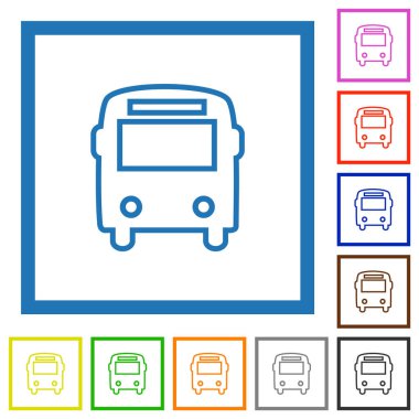 Beyaz arkaplanda kare çerçevelerde düz renk simgeleri olan otobüs ön görünümü ana hatları