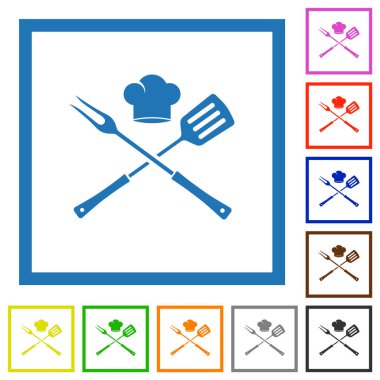 Barbecue fork and spatula with chef hat flat color icons in square frames on white background