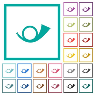 Beyaz arkaplan üzerinde çeyrek çerçeve içeren sert düz renk simgeleri postal round horn