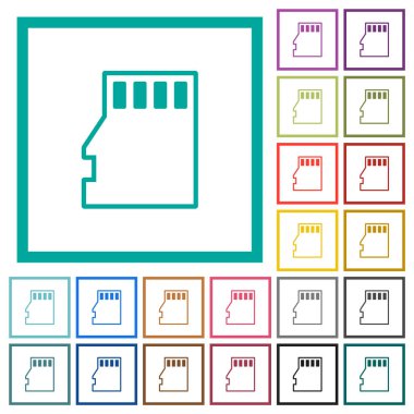 Mikro SD hafıza kartı beyaz arkaplanda çeyrek çerçeve içeren düz renk simgelerini özetliyor