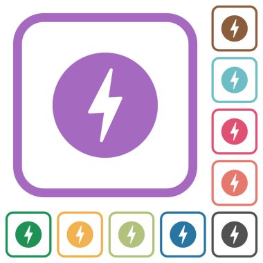 Çemberdeki şimşekler, beyaz arkaplan üzerindeki renkli yuvarlak kare çerçevelerdeki basit simgeler