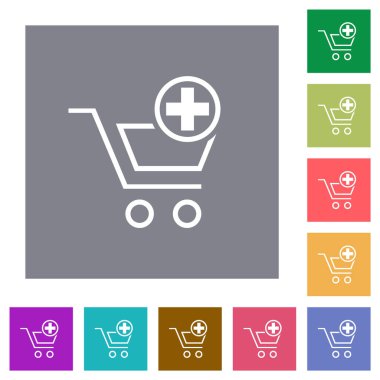 Add new cart item outline flat icons on simple color square backgrounds