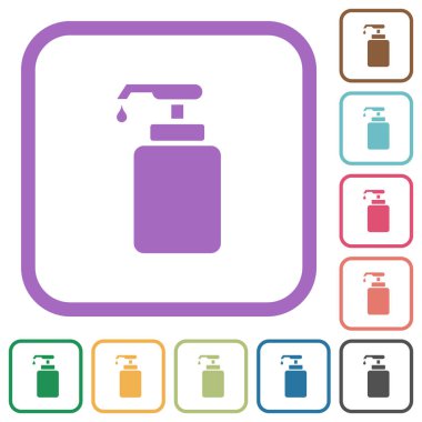 Sıvı sabun simgeleri beyaz arkaplanda renkli yuvarlak kare çerçeveler halinde