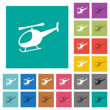 Helicopter silueti düz kare arkaplan üzerinde çok renkli düz simgeler. Uçan veya etkin efektler için beyaz ve koyu simge varyasyonları.