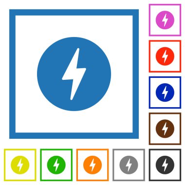 Beyaz arkaplanda kare çerçevelerde dairesel katı düz renk simgelerinde şimşek