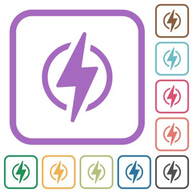 Çemberdeki şimşekler, beyaz arkaplanda renkli yuvarlak kare çerçevelerdeki basit simgeler