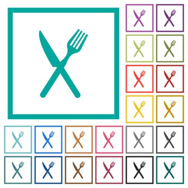 Fork and knife in crossed position flat color icons with quadrant frames on white background