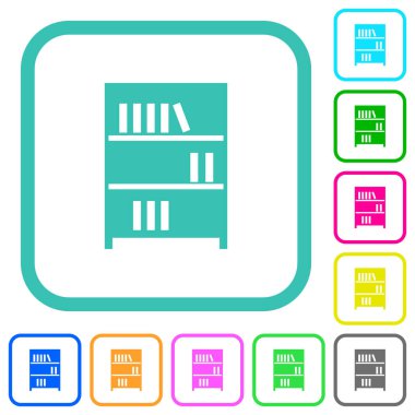 Kitaplarla dolu kitaplık beyaz arkaplan üzerinde eğri kenarlı düz simgeler