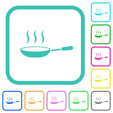 Beyaz arkaplanda kıvrımlı sınırlarda buharda kızaran tava canlı renkli düz simgeler