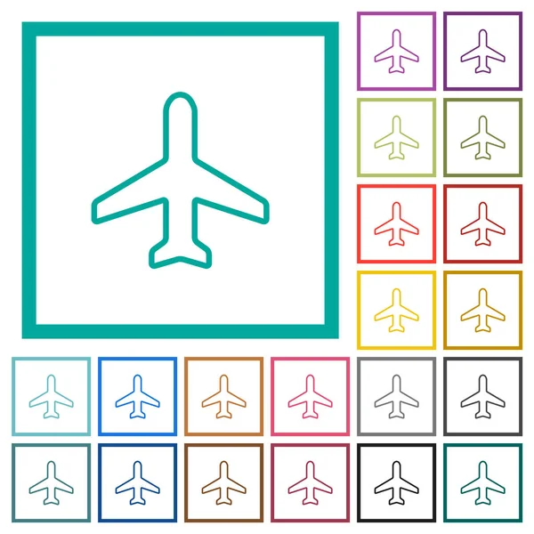 Airplane Top View Outline Flat Color Icons Quadrant Frames White — Stockvektor