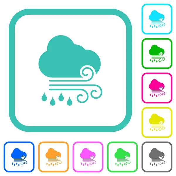 Windy Rainy Weather Vivid Colored Flat Icons Curved Borders White — Stock Vector