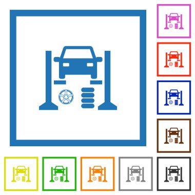 Lastik tamir dükkanı beyaz arka plan üzerinde çeyrek çerçeveler ile düz renk simgeleri