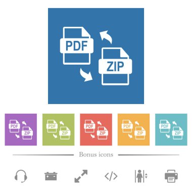 PDF ZIP dosya sıkıştırma kare arkaplan içinde düz beyaz simgeler. 6 bonus simgesi dahil.