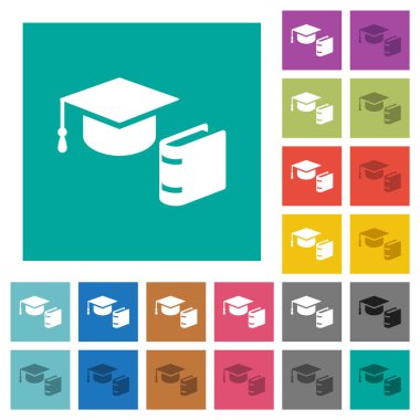 Düz kare arka planda çok renkli kitap ikonlarıyla mezuniyet şapkası. Uçan veya etkin efektler için beyaz ve koyu simge varyasyonları.
