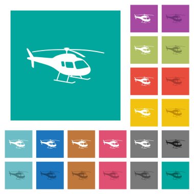 Helicopter silueti düz kare arkaplan üzerinde çok renkli düz simgeler. Uçan veya etkin efektler için beyaz ve koyu simge varyasyonları.