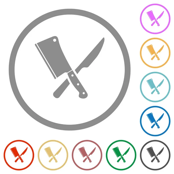 Çapraz et satırı ve bıçak düz renk simgeleri beyaz arkaplanda yuvarlak çizgiler halinde