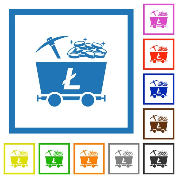 Litecoin Criptomoneda Minería Con Iconos Color Plano Tesoro Con Marcos — Vector de stock