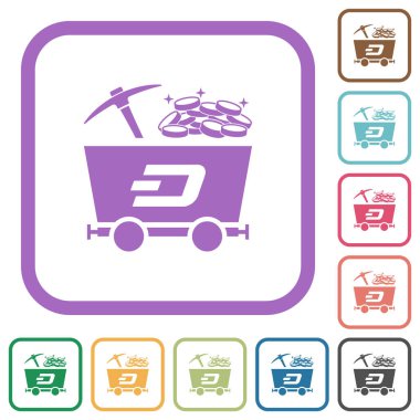 Beyaz arkaplanda renkli yuvarlak kare çerçeveli basit hazine simgeleri içeren Dash kripto para birimi madenciliği