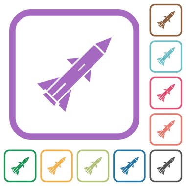 Beyaz arkaplanda renkli yuvarlak kare çerçeveli basit balistik füze simgeleri