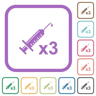 Üçüncü aşı dozajı, beyaz zemin üzerinde renkli yuvarlak kare çerçeveli basit ikonlar