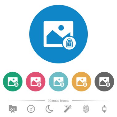 Yuvarlak renkli arkaplanlarda kilitlenmiş düz beyaz simgeler. 6 bonus simgesi dahil.