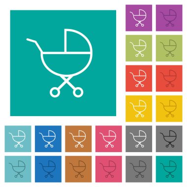 Bebek arabası düz arkaplanda çok renkli düz ikonlar çiziyor. Uçan veya etkin efektler için beyaz ve koyu simge varyasyonları.