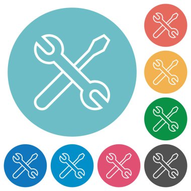 Çapraz anahtar ve tornavida ana hatları düz beyaz simgeler yuvarlak renk arkaplan