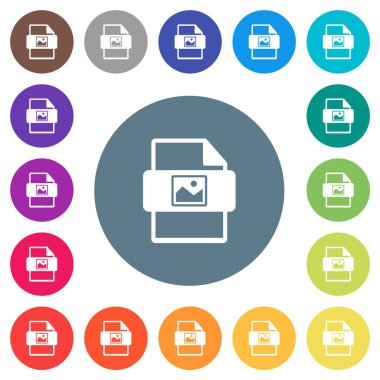 Yuvarlak renkli arkaplanlarda resim tipi düz beyaz simgeler. 17 arkaplan renk varyasyonu dahil.