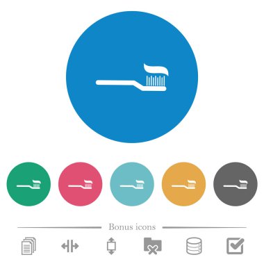 Diş fırçası ve yuvarlak renkli arka planda düz beyaz simgeler. 6 bonus simgesi dahil.