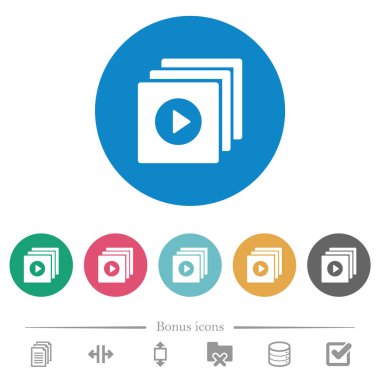 Yuvarlak renk arkaplanındaki düz beyaz simgeleri oynat. 6 bonus simgesi dahil.