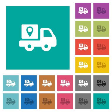 Paket teslimatı düz arkaplanda çok renkli düz simgeleri takip ediyor. Uçan veya etkin efektler için beyaz ve koyu simge varyasyonları.