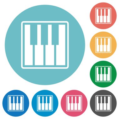Yuvarlak renk arkaplanlarında piyano klavyesi alternatif düz beyaz simgeleri