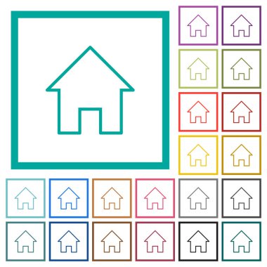 Beyaz arkaplanda çeyrek çerçeve içeren ev çizgisi düz renk simgeleri