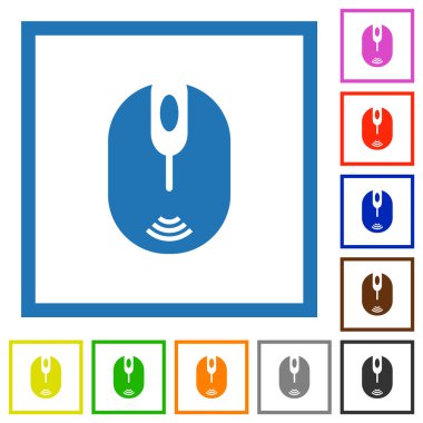 Beyaz arkaplanda kare çerçevelerde kablosuz bilgisayar faresi düz renk simgeleri