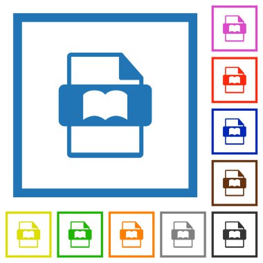 Beyaz arkaplan üzerindeki kare çerçevelerde düz renk simgeleri kitap tipi