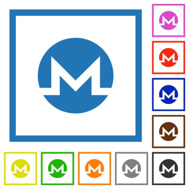 Monero dijital kripto para birimi düz renk simgeleri beyaz arkaplan üzerindeki kare çerçeveler