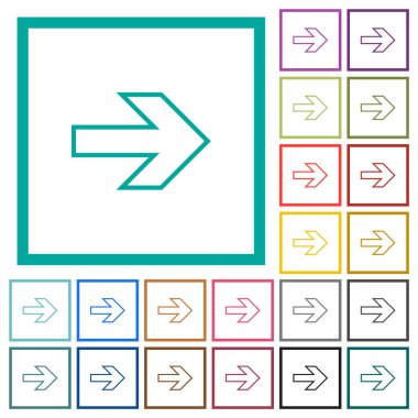 Sağ ok ana hatları düz renk simgeleri beyaz arkaplan üzerinde çeyrek çerçeve ile