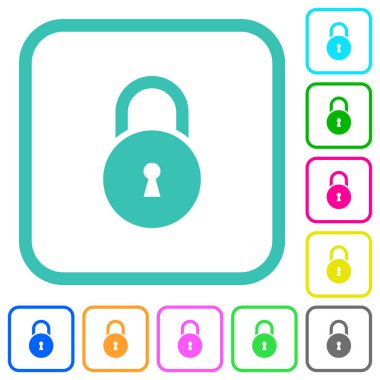 Beyaz arkaplanda eğimli sınırlarda anahtar deliği canlı düz simgeleriyle kilitlenmiş yuvarlak asma kilit