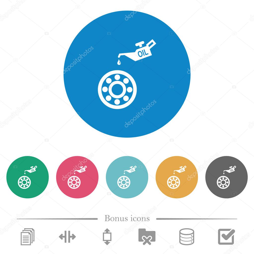 Oiler can and bearings flat white icons on round color backgrounds. 6 bonus icons included.