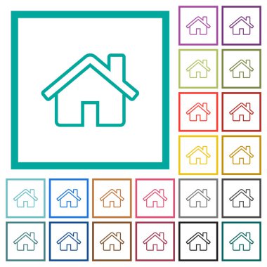 Beyaz arkaplanda çeyrek çerçeve içeren ev çizgisi düz renk simgeleri