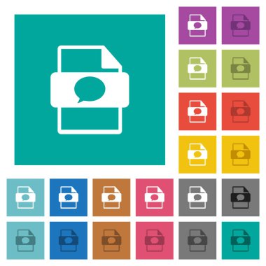 Message file type multi colored flat icons on plain square backgrounds. Included white and darker icon variations for hover or active effects.