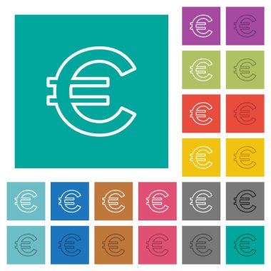 Euro sign outline multi colored flat icons on plain square backgrounds. Included white and darker icon variations for hover or active effects.