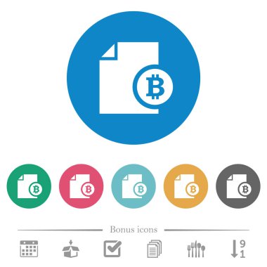 Bitcoin finansal raporları yuvarlak renkli arka planda düz beyaz simgeler. 6 bonus simgesi dahil.