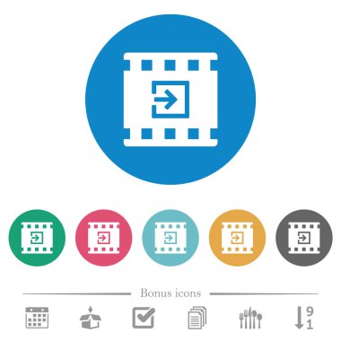 Import movie flat white icons on round color backgrounds. 6 bonus icons included.