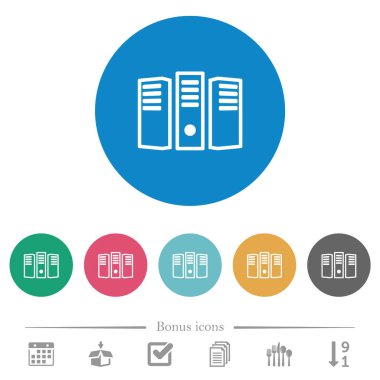 Server hosting outline flat white icons on round color backgrounds. 6 bonus icons included.