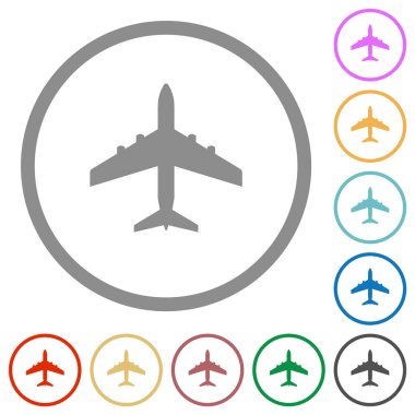 Passenger aircraft flat color icons in round outlines on white background