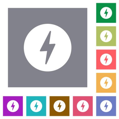 Lightning in circle solid flat icons on simple color square backgrounds