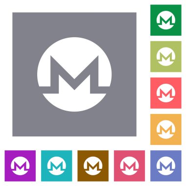 Monero digital cryptocurrency flat icons on simple color square backgrounds