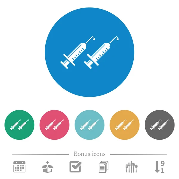 第二疫苗剂量扁平白色图标在圆形的色彩背景 包括6个奖金图标 — 图库矢量图片