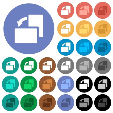 Yuvarlak arkaplanlarda çok renkli düz simgeleri sola döndür. Uçma ve aktif durum efektleri için beyaz, açık ve koyu simge varyasyonları ve bonus gölgeler.